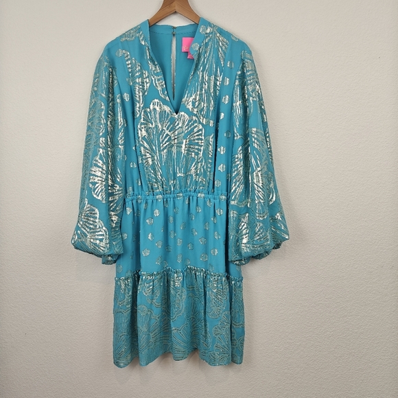 Lilly Pulitzer Nwot Joella Silk Mini Long Sleeve Metallic A Line Bermuda Blue 14 - Picture 4 of 16